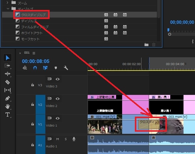動画編集ソフトAdobe Premiere Pro ビデオエフェクトトランジションの設定方法 クロスディゾルブ
